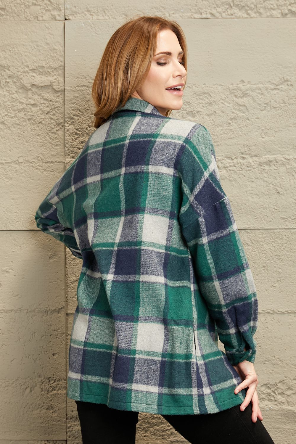 Dark Gray Double Take Plaid Dropped Shoulder Pocketed Shirt Jacket Sentient Beauty Fashions Apparel &amp; Accessories