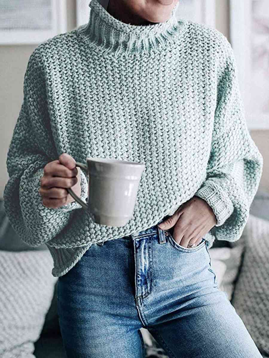 Gray Turtleneck Dropped Shoulder Sweater