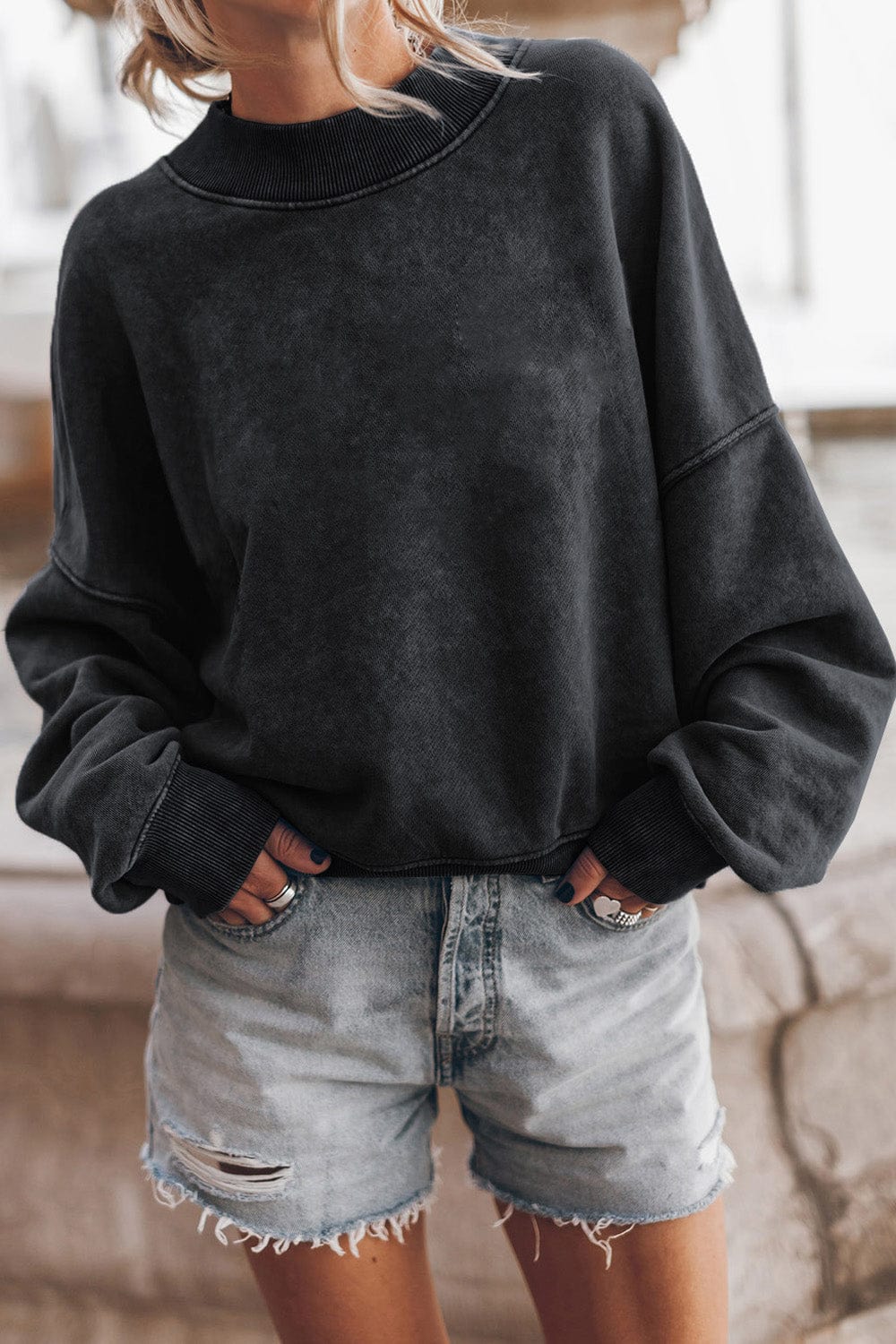 Dark Slate Gray Round Neck Dropped Shoulder Sweatshirt