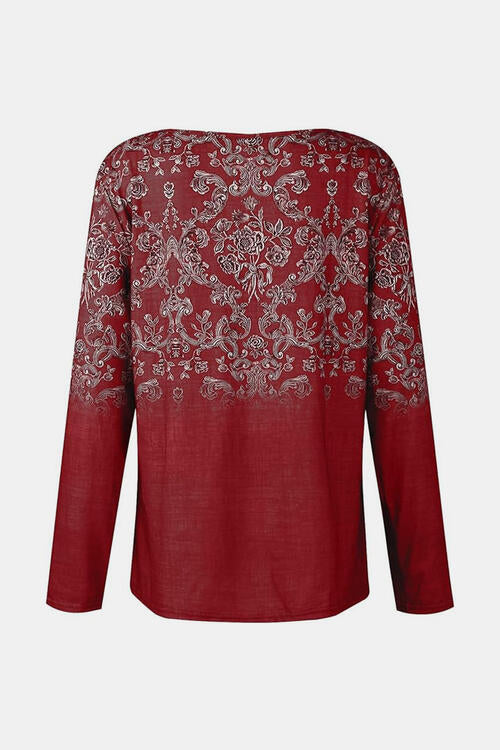 Dark Red Printed Notched Long Sleeve T-Shirt