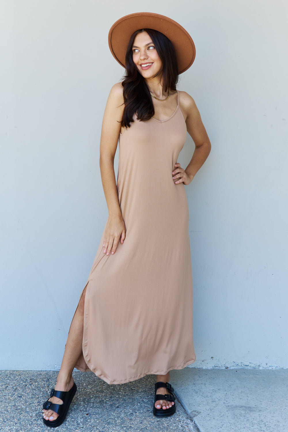 Gray Ninexis Good Energy Full Size Cami Side Slit Maxi Dress in Camel Sentient Beauty Fashions Apparel & Accessories