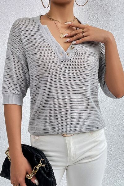 Gray Openwork Half Button Dropped Shoulder Knit Top Sentient Beauty Fashions Apparel &amp; Accessories