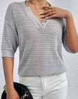 Gray Openwork Half Button Dropped Shoulder Knit Top Sentient Beauty Fashions Apparel & Accessories