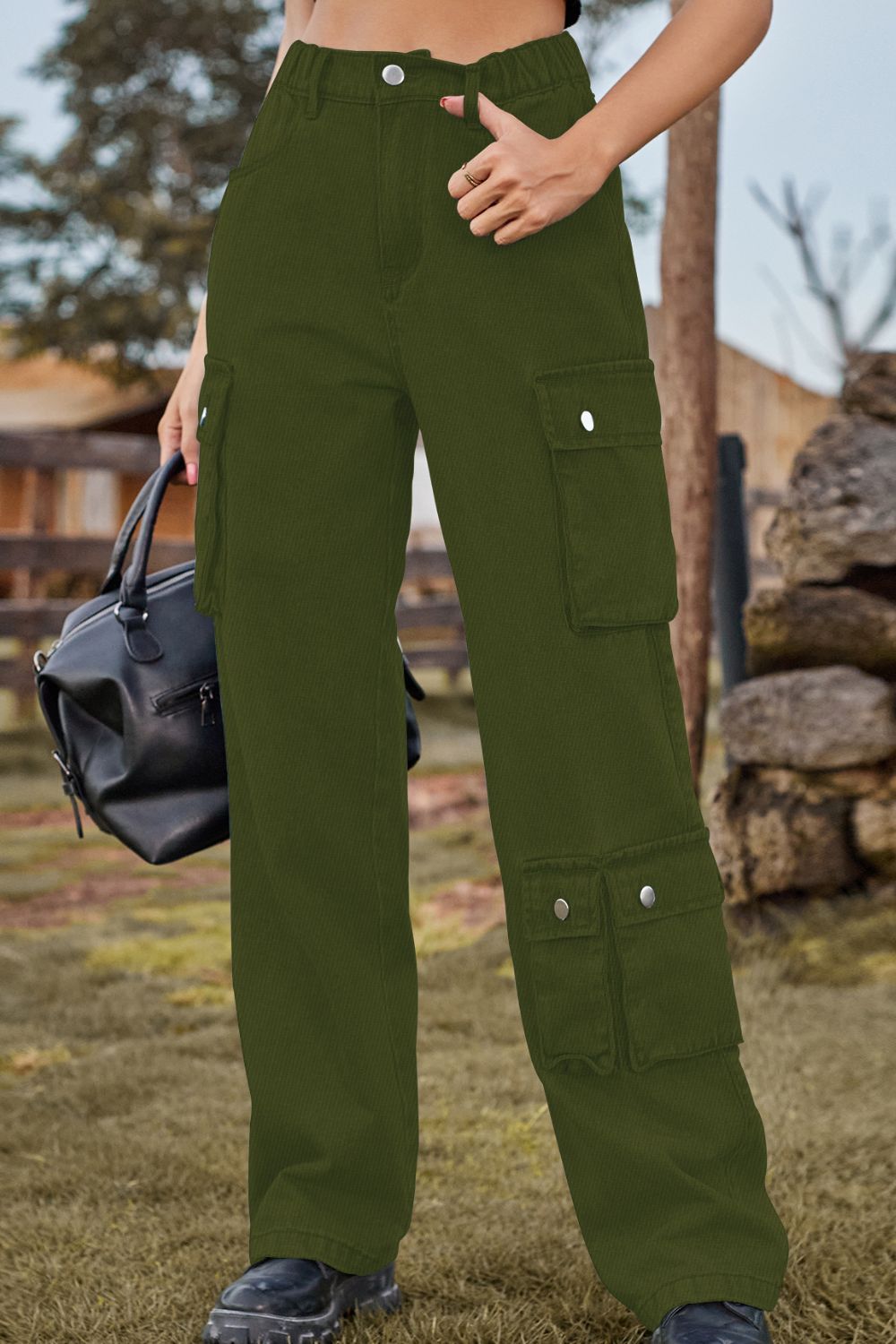 Dark Olive Green Loose Fit Long Jeans with Pockets Sentient Beauty Fashions Apparel &amp; Accessories