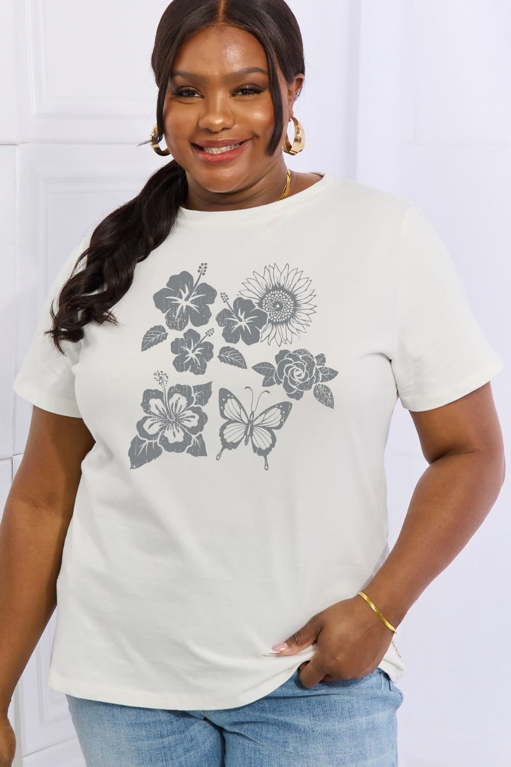 Light Gray Simply Love Full Size Flower & Butterfly Graphic Cotton Tee