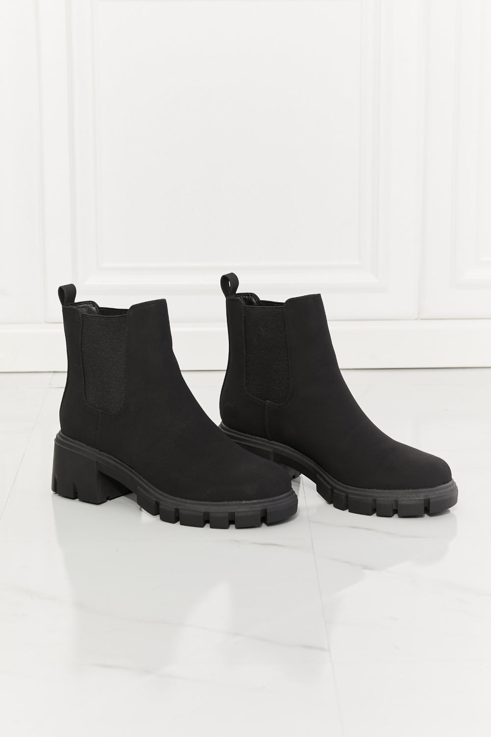 Lavender MMShoes Work For It Matte Lug Sole Chelsea Boots in Black Sentient Beauty Fashions shoes