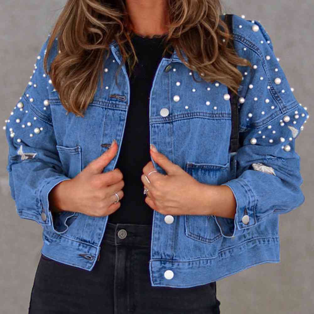Slate Gray Bead Detail Denim Jacket Sentient Beauty Fashions Apparel &amp; Accessories