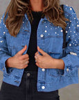 Slate Gray Bead Detail Denim Jacket Sentient Beauty Fashions Apparel & Accessories