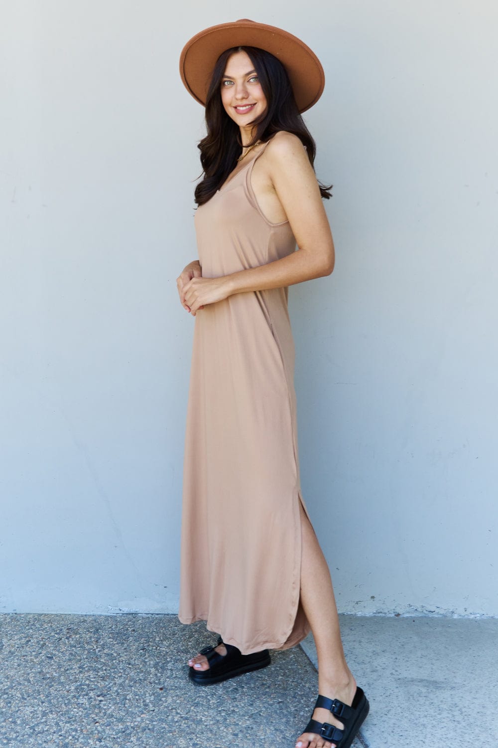 Gray Ninexis Good Energy Full Size Cami Side Slit Maxi Dress in Camel Sentient Beauty Fashions Apparel & Accessories