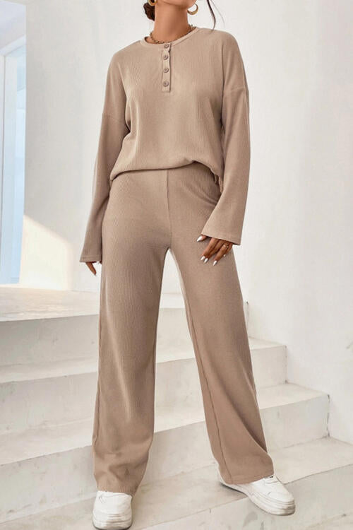 Light Gray Ribbed Half Button Top and Pants Set Sentient Beauty Fashions Apparel &amp; Accessories