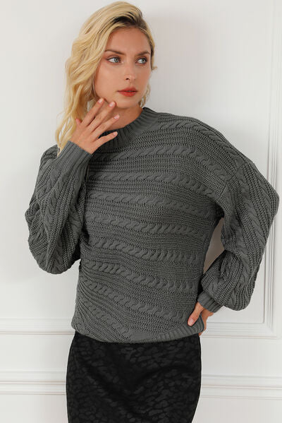 Light Gray Cable-Knit Mock Neck Dropped Shoulder Sweater Sentient Beauty Fashions Apparel &amp; Accessories