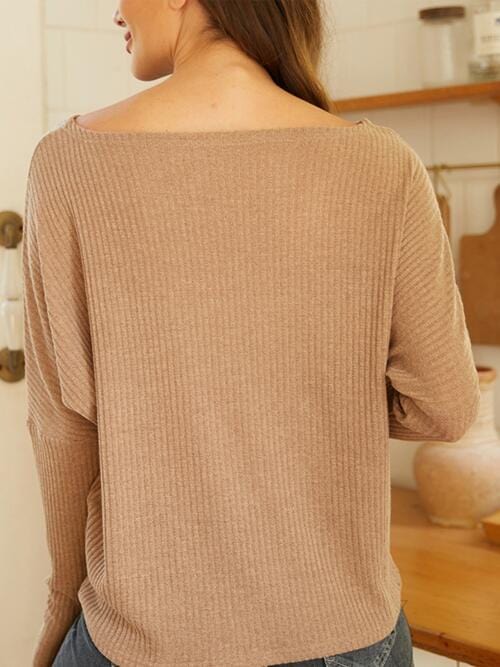 Dark Khaki Ribbed Round Neck Long Sleeve Knit Top