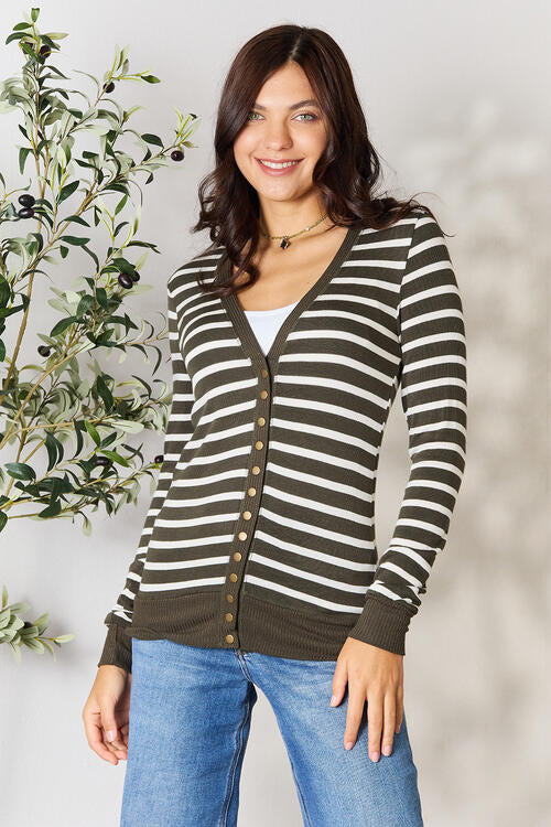 Light Gray Zenana Full Size Striped Snap Down Cardigan Sentient Beauty Fashions Apparel &amp; Accessories