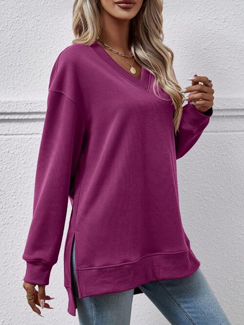 Dim Gray V-Neck Slit Long Sleeve Sweatshirt Sentient Beauty Fashions Apparel & Accessories