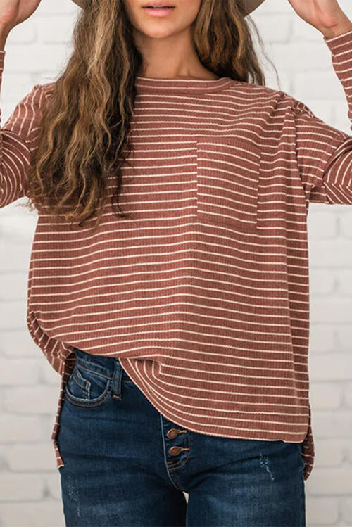 Sienna Striped Round Neck Long Sleeve Slit T-Shirt Sentient Beauty Fashions Apparel &amp; Accessories