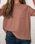 Sienna Striped Round Neck Long Sleeve Slit T-Shirt Sentient Beauty Fashions Apparel & Accessories