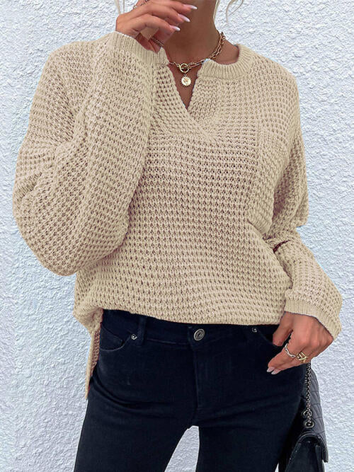 Gray Notched Long Sleeve Sweater