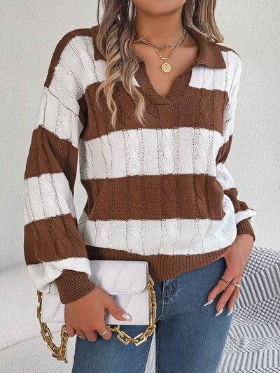 Light Gray Cable-Knit Striped Long Sleeve Sweater Sentient Beauty Fashions Apparel & Accessories