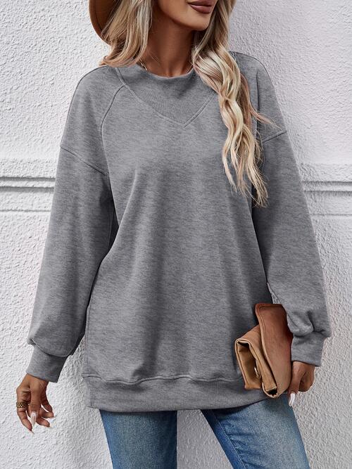 Light Slate Gray Round Neck Drop Shoulder Long Sleeve Sweatshirt Sentient Beauty Fashions Apparel &amp; Accessories