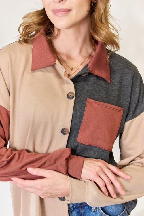 Tan Heimish Full Size Color Block Button Down Shacket Sentient Beauty Fashions Apparel & Accessories