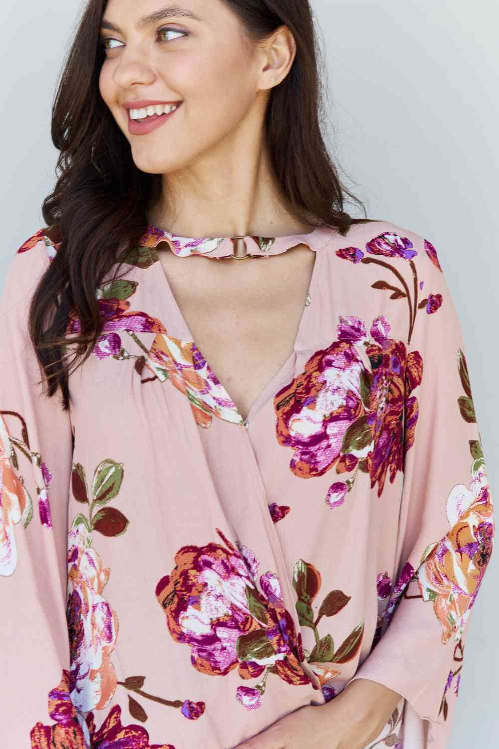Gray ODDI Full Size Floral Bell Sleeve Crepe Top Sentient Beauty Fashions Apparel &amp; Accessories