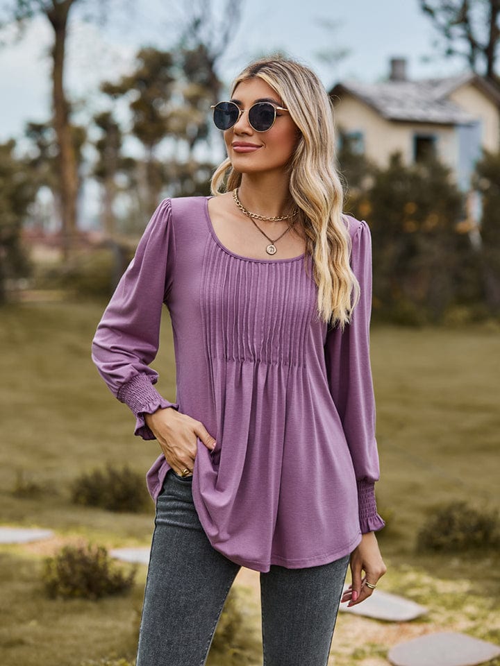 Dim Gray Puff Sleeve Pleated Blouse