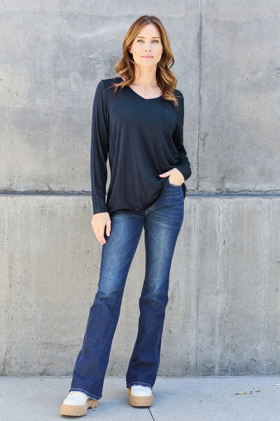 Gray Basic Bae Full Size V-Neck Long Sleeve Top Sentient Beauty Fashions Apparel &amp; Accessories