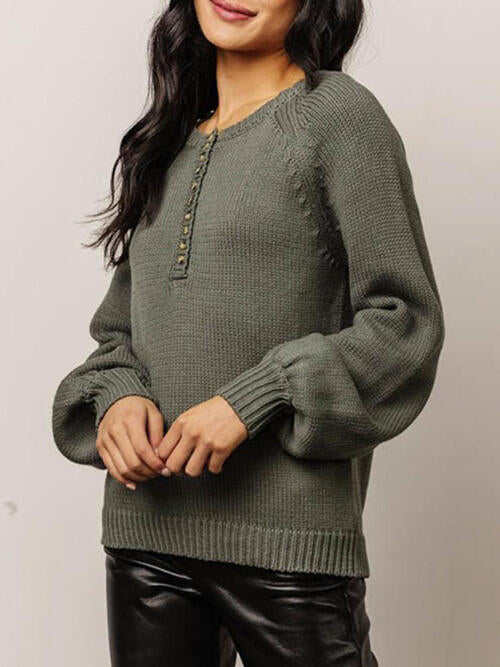 Gray Buttoned Round Neck Long Sleeve Sweater Sentient Beauty Fashions Apparel & Accessories
