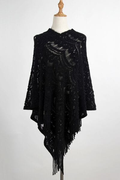 Black Fringe Openwork Surplice Cape Sleeve Poncho