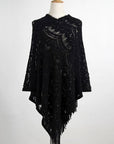 Black Fringe Openwork Surplice Cape Sleeve Poncho