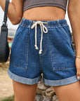 Dark Slate Gray Drawstring High Waist Denim Shorts with Pockets