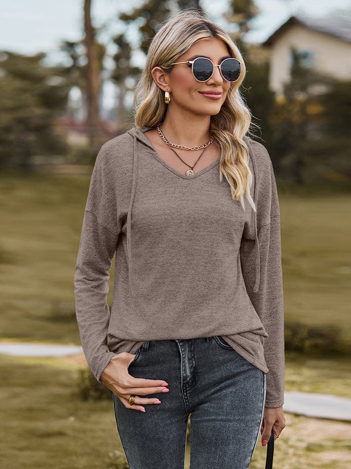 Dim Gray Dropped Shoulder Hooded Blouse