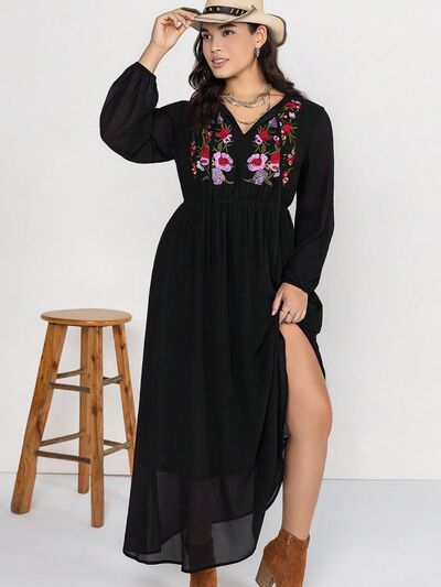 Black Plus Size Embroidered Tie Neck Long Sleeve Dress Sentient Beauty Fashions Apparel & Accessories