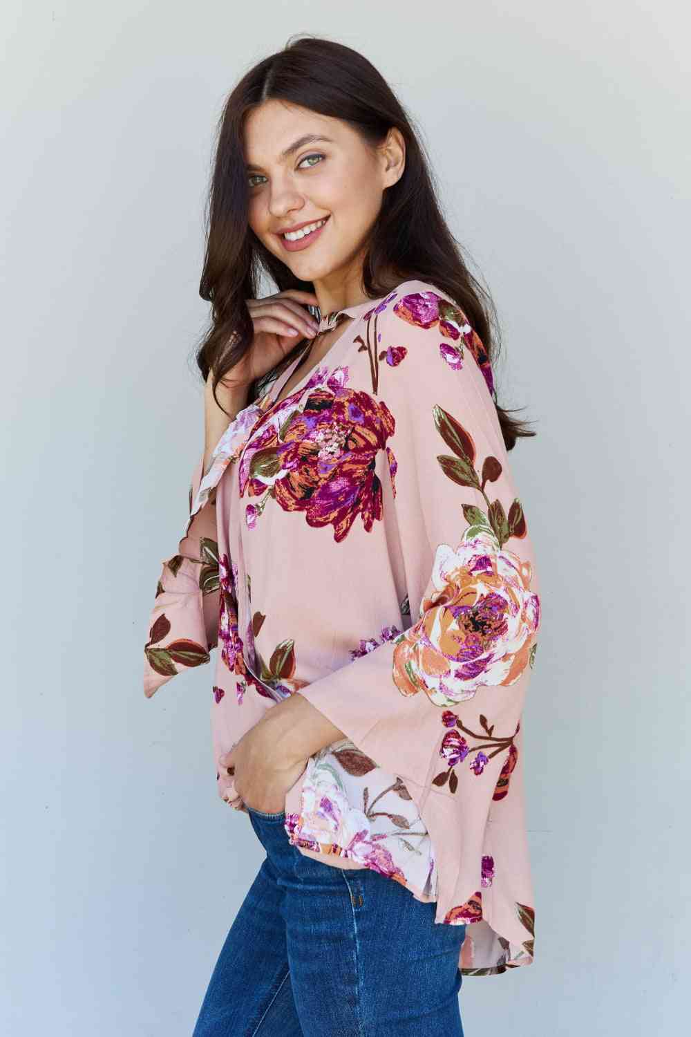 Gray ODDI Full Size Floral Bell Sleeve Crepe Top Sentient Beauty Fashions Apparel & Accessories