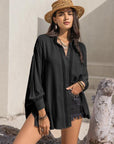 Dark Gray Openwork Button Up Long Sleeve Shirt Sentient Beauty Fashions Apparel & Accessories