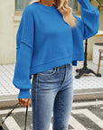 Steel Blue Round Neck Dropped Shoulder Sweater Sentient Beauty Fashions Apparel & Accessories