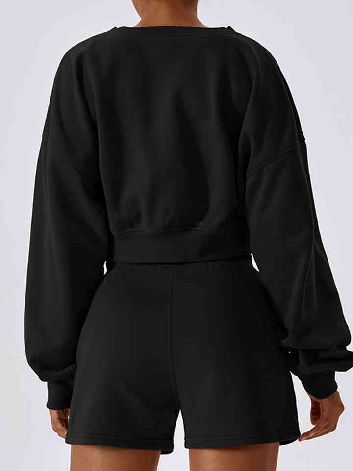 Black V-Neck Dropped Shoulder Sports Sweatshirt Sentient Beauty Fashions Apparel &amp; Accessories
