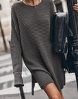 Dark Slate Gray Round Neck Long Sleeve Slit Oversized Sweater Sentient Beauty Fashions Apparel & Accessories