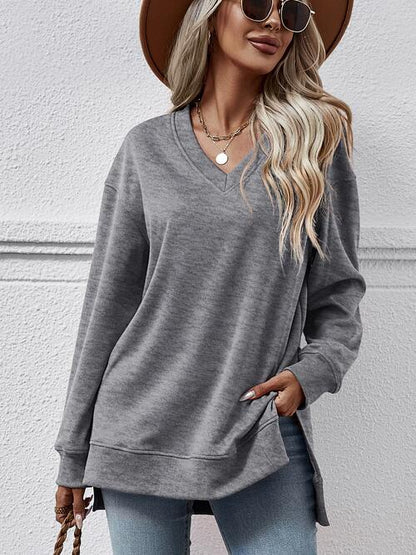 Gray V-Neck Slit Long Sleeve Sweatshirt