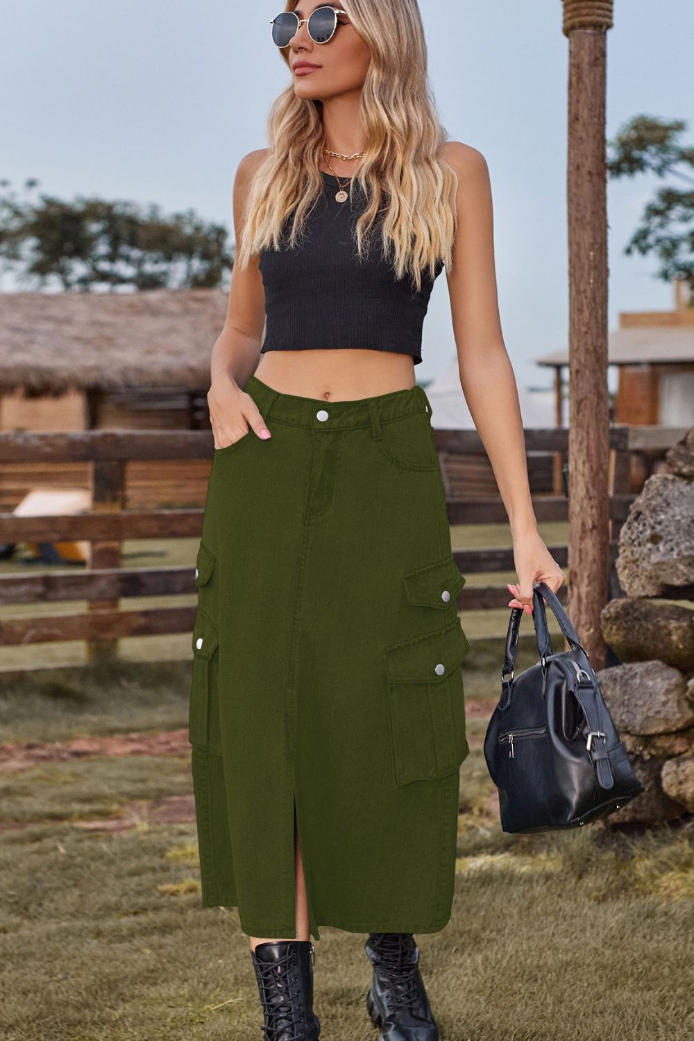 Dark Olive Green Slit Front Midi Denim Skirt with Pockets Sentient Beauty Fashions Apparel &amp; Accessories