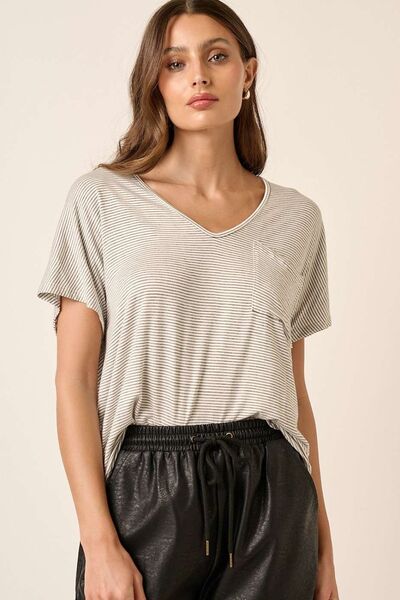 Light Gray Mittoshop Striped V-Neck Short Sleeve T-Shirt Sentient Beauty Fashions Apparel &amp; Accessories