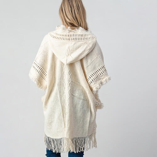 Light Gray Fringed Crochet Buttoned Hooded Poncho