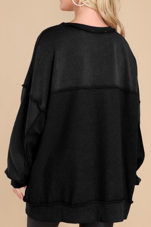 Black Buttoned Dropped Shoulder Sweatshirt