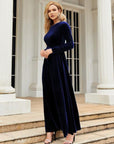 Gray Tie Front Round Neck Long Sleeve Maxi Dress