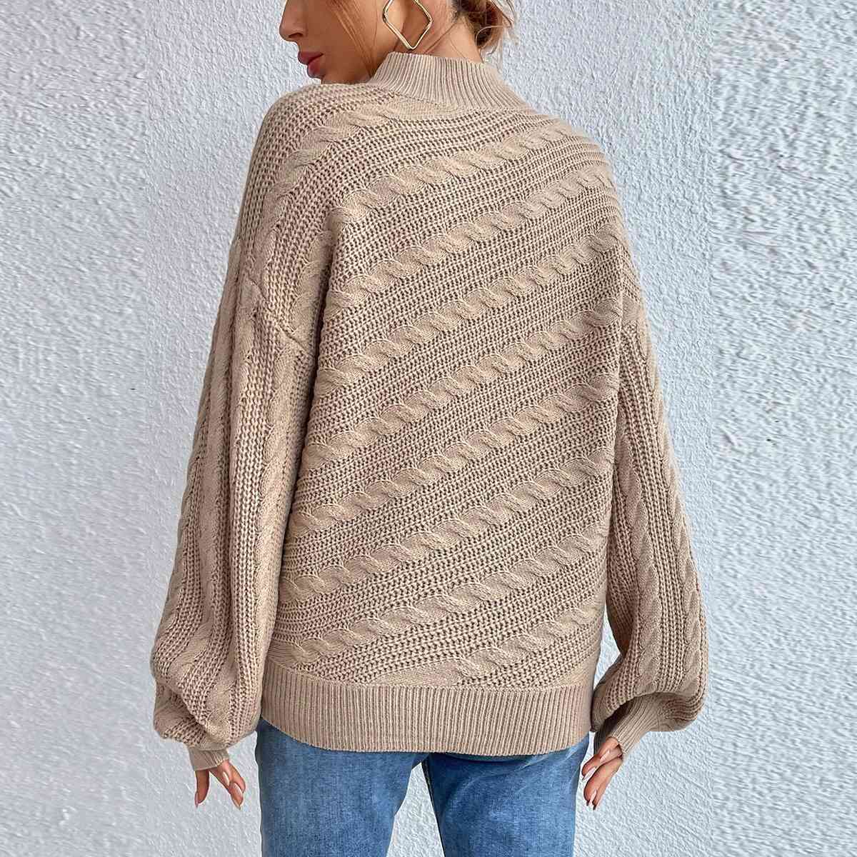 Gray Cable-Knit Mock Neck  Long Sleeve Sweater