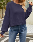 Dark Slate Gray Round Neck Dropped Shoulder Sweater