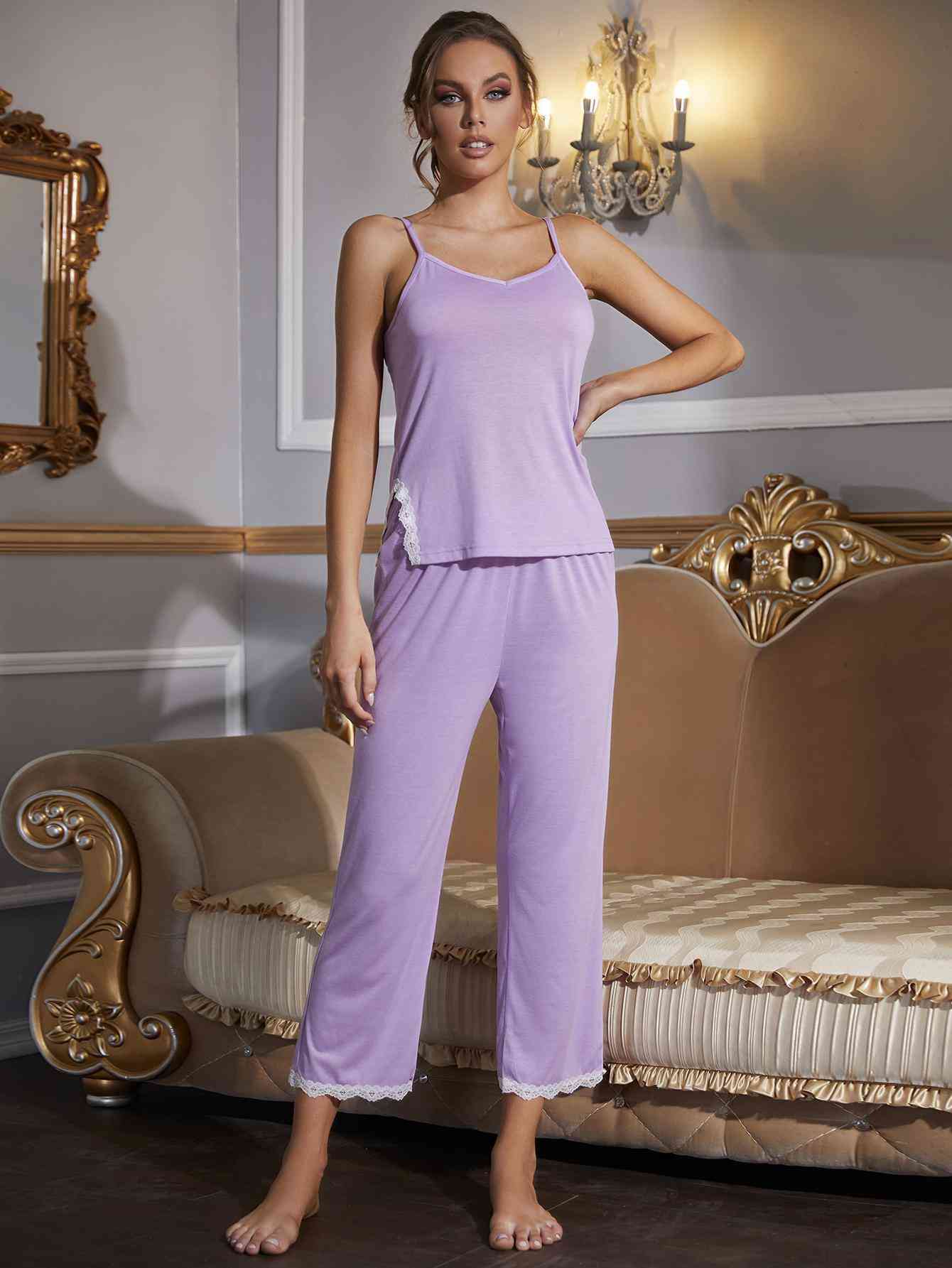 Dim Gray V-Neck Lace Trim Slit Cami and Pants Pajama Set Sentient Beauty Fashions Apparel & Accessories