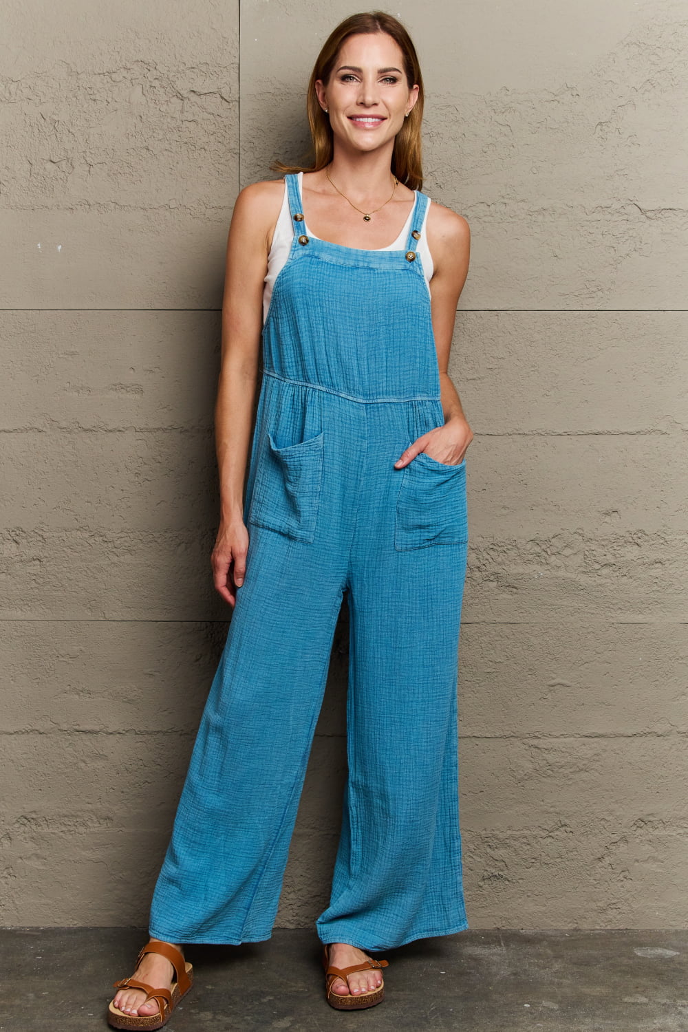 Slate Gray HEYSON Playful Mineral Wash Gauze Overalls Sentient Beauty Fashions Apparel & Accessories