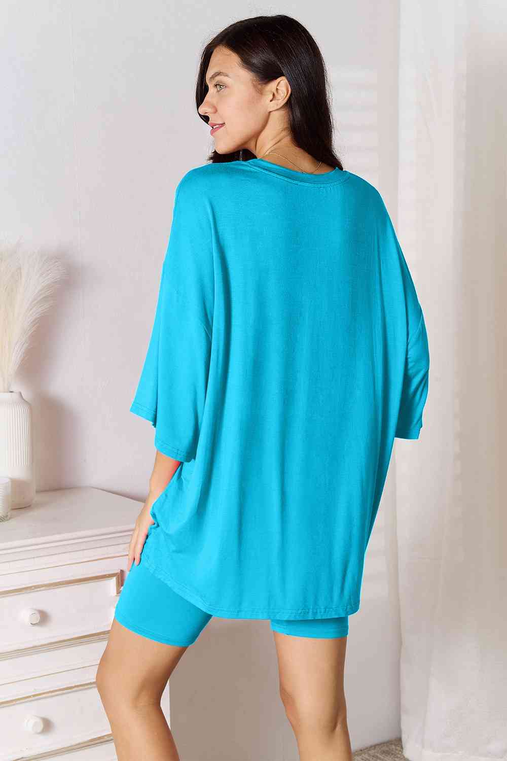 Light Sea Green Basic Bae Full Size Soft Rayon Three-Quarter Sleeve Top and Shorts Set