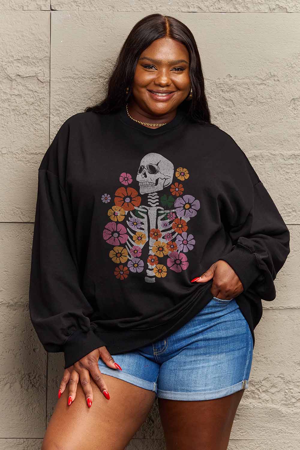Tan Simply Love Simply Love Full Size Flower Skeleton Graphic Sweatshirt Sentient Beauty Fashions Apparel &amp; Accessories